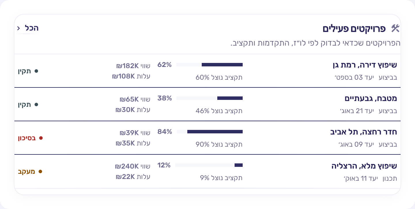 פרויקטים פעילים ב-RBM עם התקדמות, ניצול תקציב ורמת סיכון